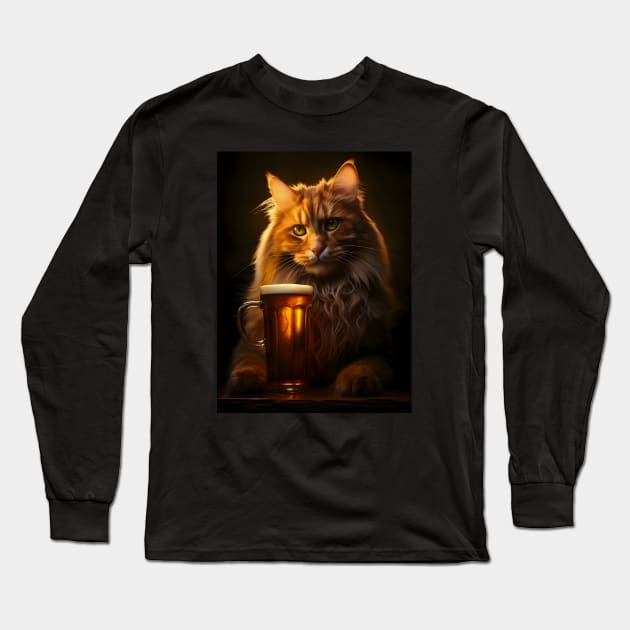 Maine Coon Tavern Cat Drinks a Beer Poster Long Sleeve T-Shirt by Juka